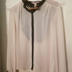Love 21 Sheer Lacy Open Back Ivory and Black Long Sleeved Blouse Size Medium